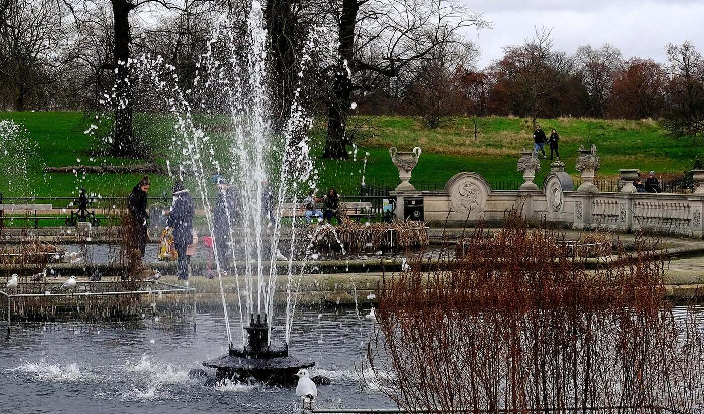 A fountain playing in the Italian Gardens at the north end of Kensington Gardens on a winter afternoon